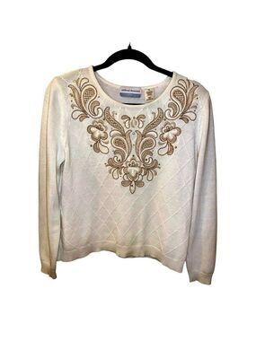 Alfred Dunner Cream Sweater Gold-Toned Floral & Paisley, Petite Large